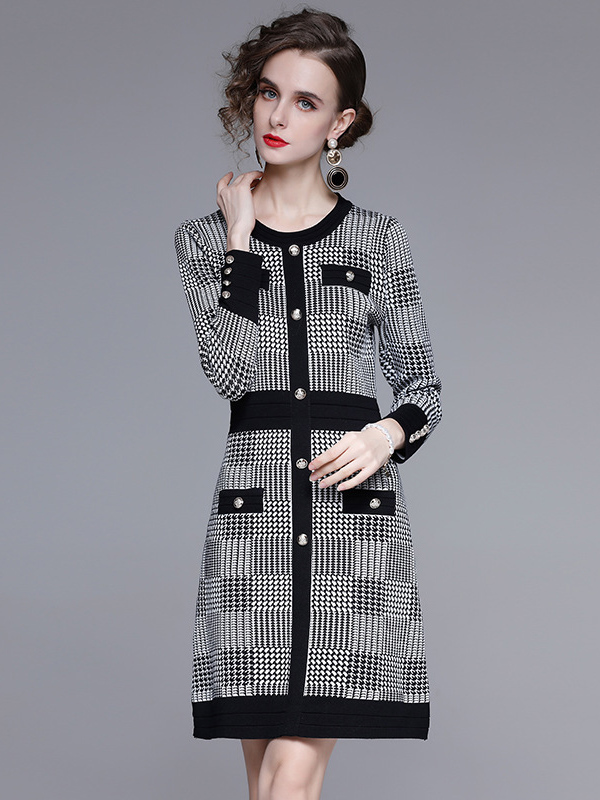 Black Houndstooth Print Knit Dress