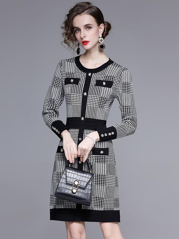 Black Houndstooth Print Knit Dress