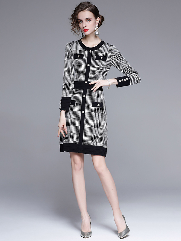 Black Houndstooth Print Knit Dress