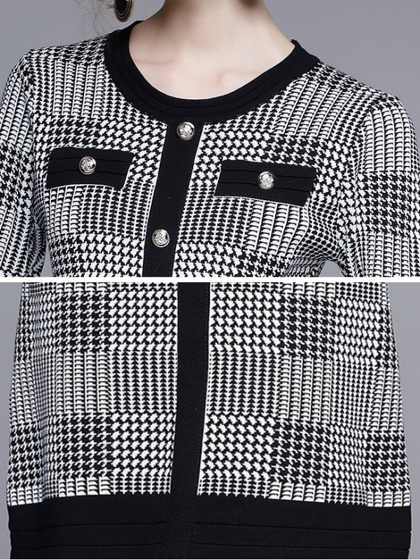 Black Houndstooth Print Knit Dress