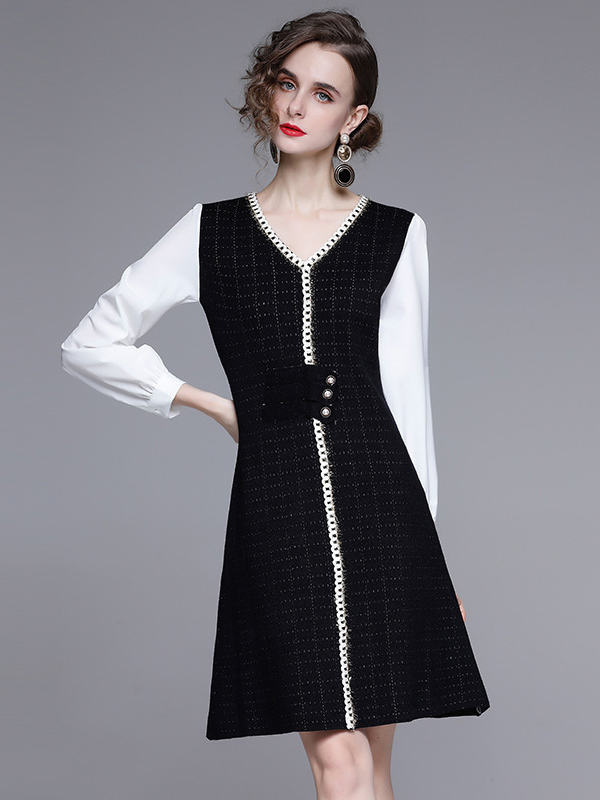 Black Color Block Check Knit Dress