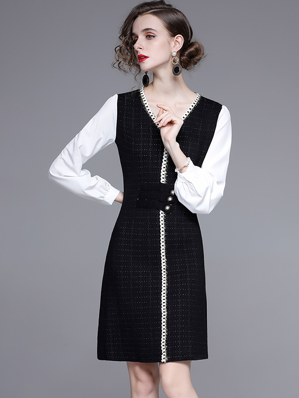 Black Color Block Check Knit Dress