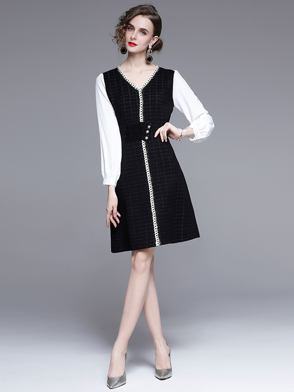 Black Color Block Check Knit Dress