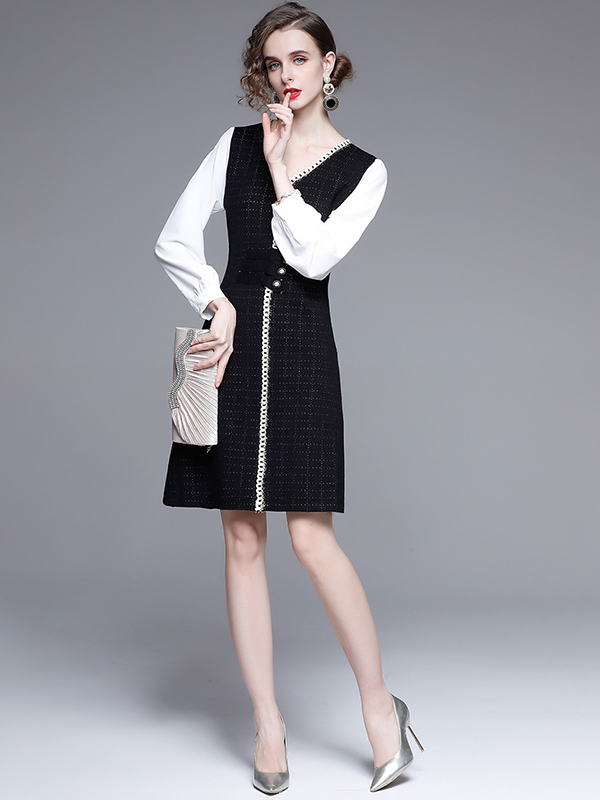 Black Color Block Check Knit Dress