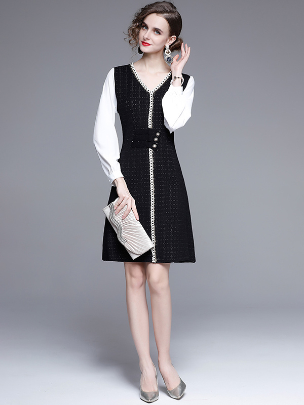 Black Color Block Check Knit Dress