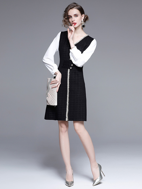 Black Color Block Check Knit Dress