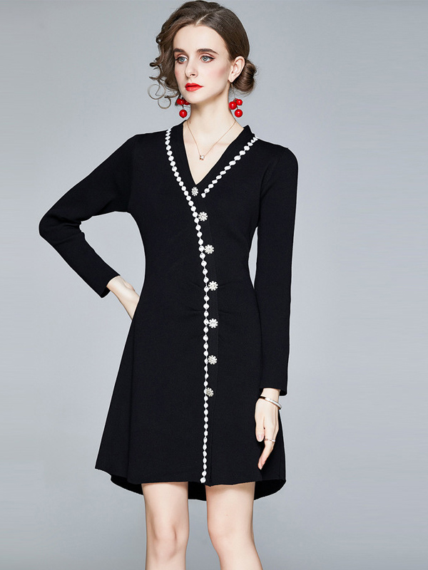 Black V-neck Knit Dress with Embroidery Trim 