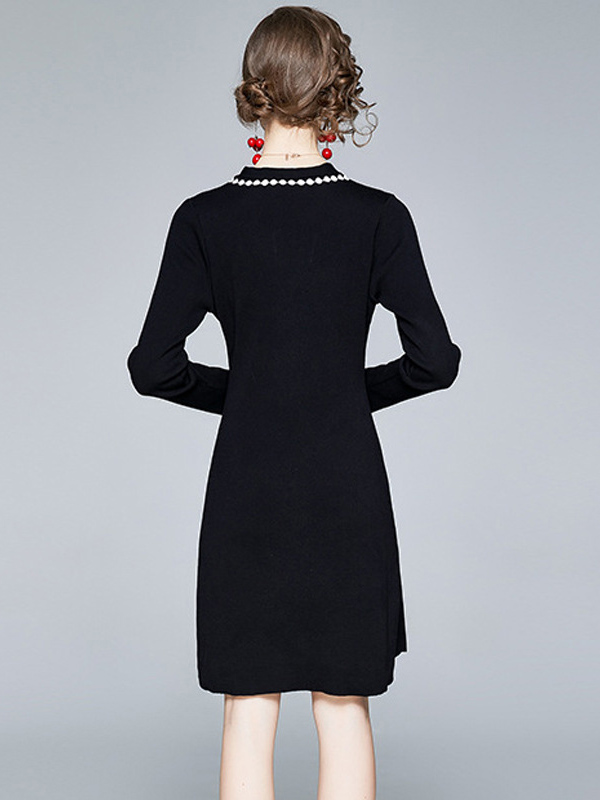 Black V-neck Knit Dress with Embroidery Trim 