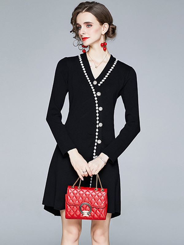 Black V-neck Knit Dress with Embroidery Trim 