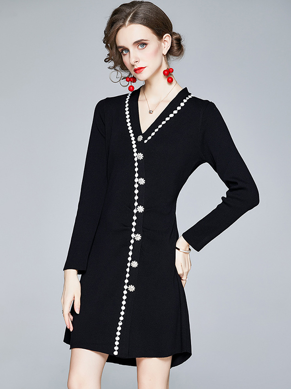 Black V-neck Knit Dress with Embroidery Trim 