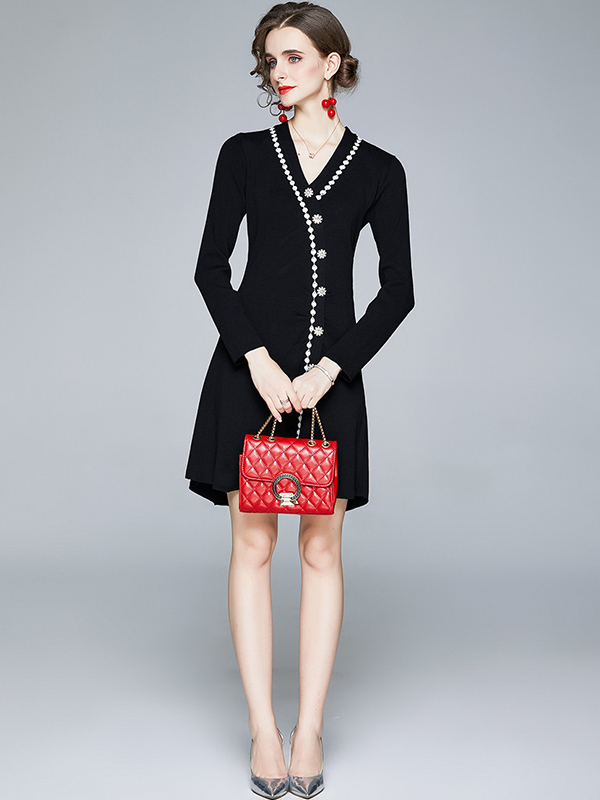 Black V-neck Knit Dress with Embroidery Trim 