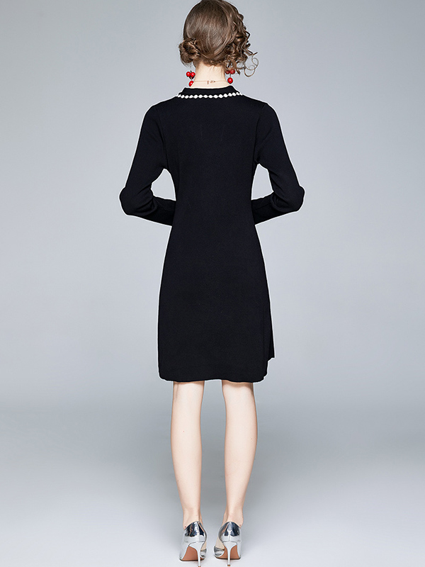 Black V-neck Knit Dress with Embroidery Trim 