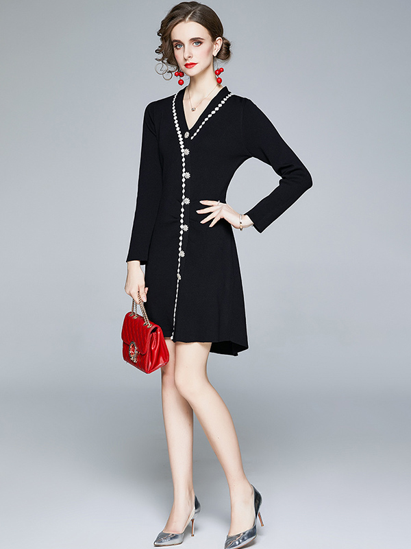 Black V-neck Knit Dress with Embroidery Trim 