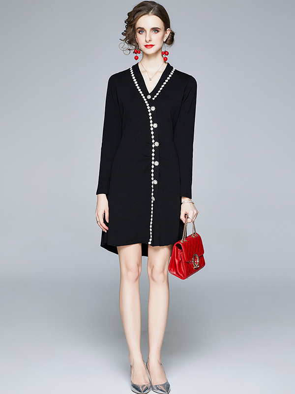 Black V-neck Knit Dress with Embroidery Trim 