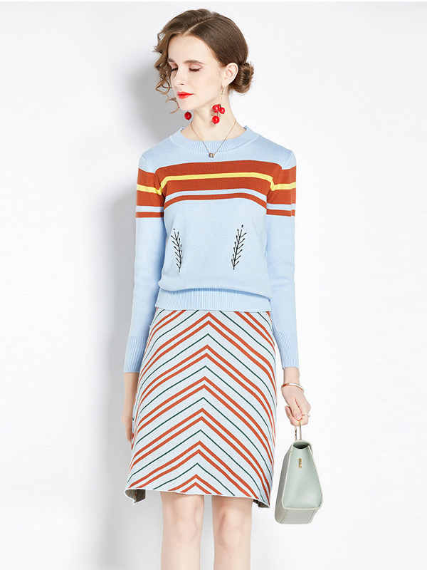 Blue Stripe Print 2-piece Knit Set