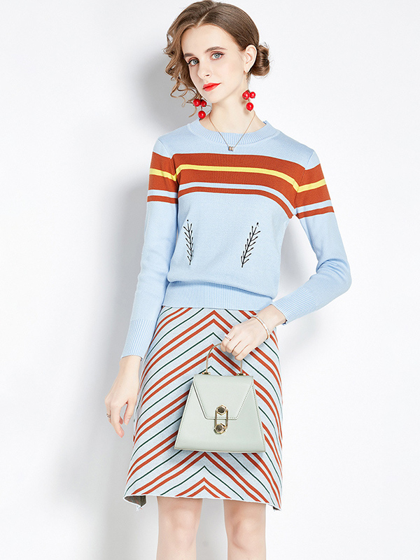 Blue Stripe Print 2-piece Knit Set