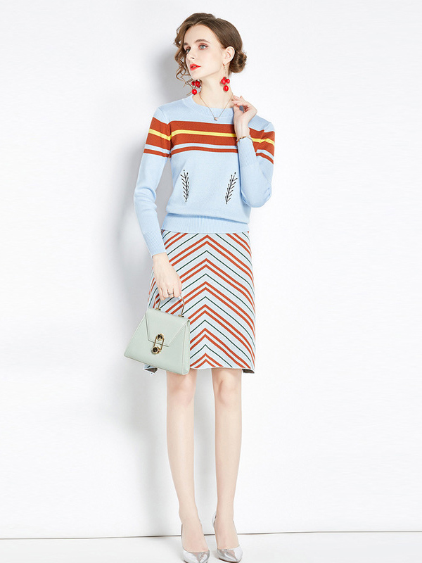 Blue Stripe Print 2-piece Knit Set