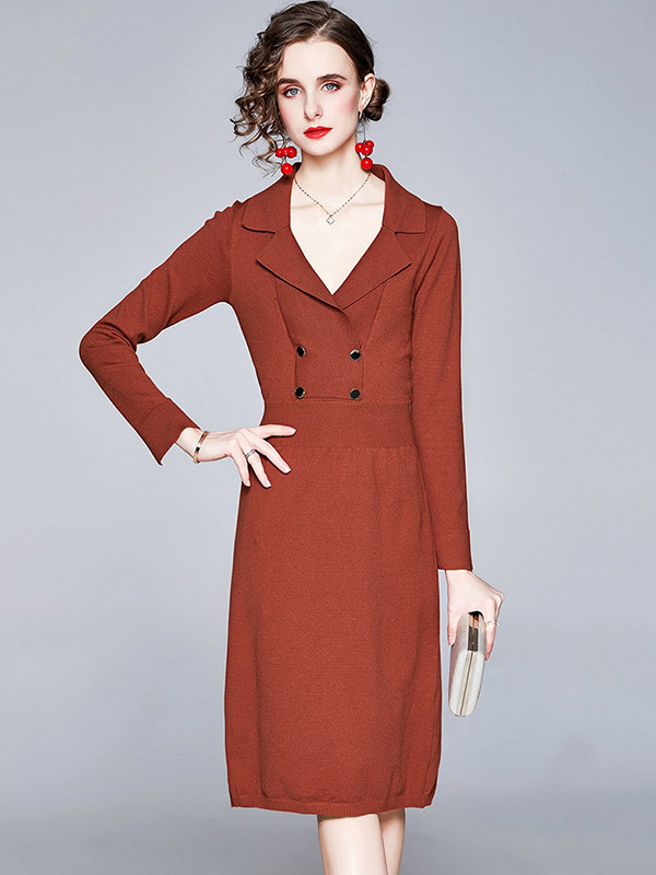 Brick Red Lapel Tailored Blazer Knit Dress