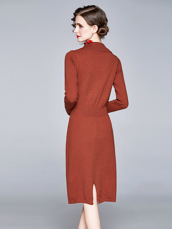 Brick Red Lapel Tailored Blazer Knit Dress