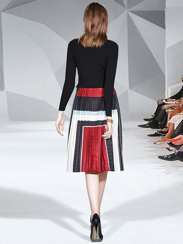 Black Knit Top with Red Pleated Skirt