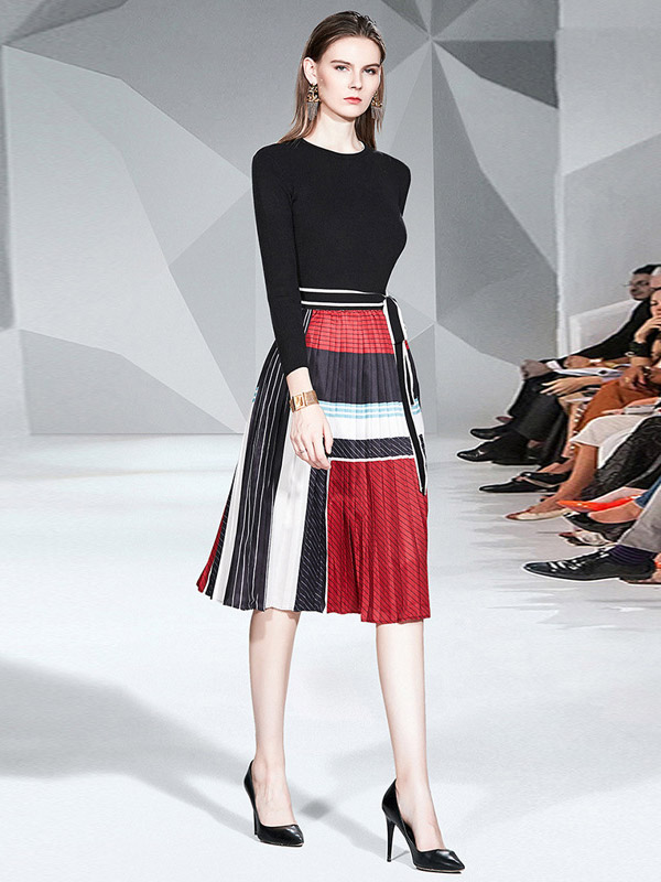 Black Knit Top with Red Pleated Skirt