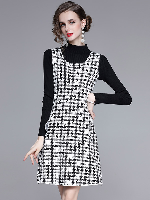 Black Knit Top & Check Print Sleeveless Dress