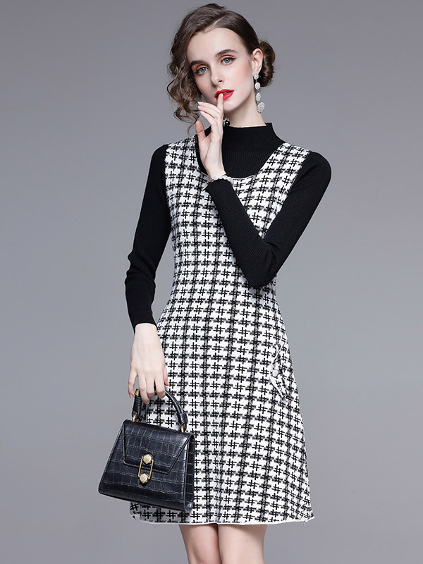 Black Knit Top & Check Print Sleeveless Dress