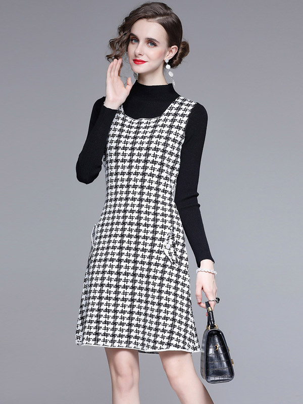 Black Knit Top & Check Print Sleeveless Dress