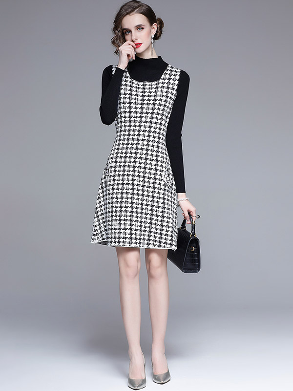 Black Knit Top & Check Print Sleeveless Dress