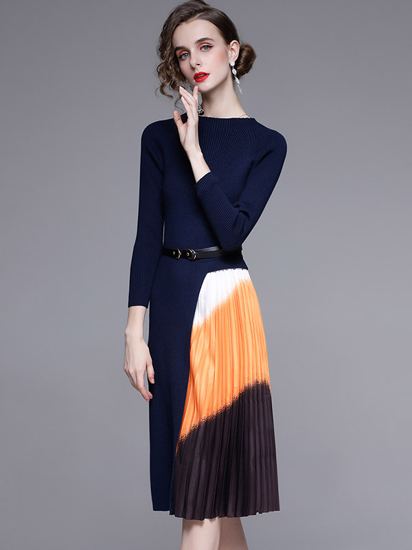 Navy Blue Knit Dress with Gradient Pattern Pleated Skirt