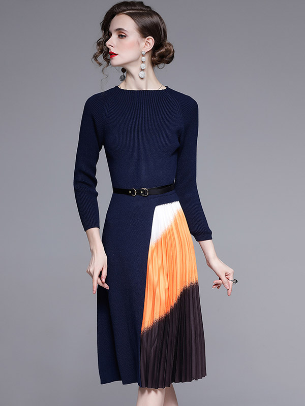 Navy Blue Knit Dress with Gradient Pattern Pleated Skirt