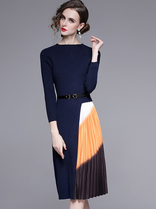 Navy Blue Knit Dress with Gradient Pattern Pleated Skirt