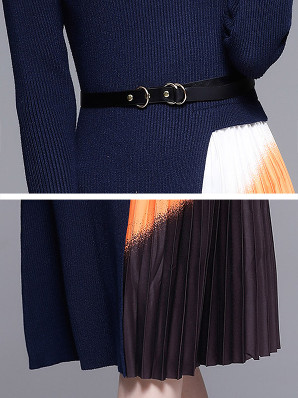 Navy Blue Knit Dress with Gradient Pattern Pleated Skirt