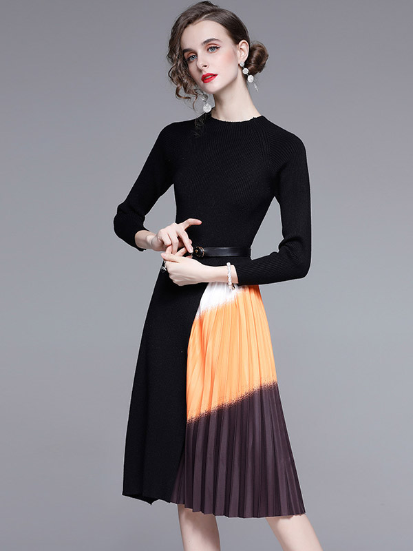 Black Knit Dress with Gradient Pattern Pleated Skirt