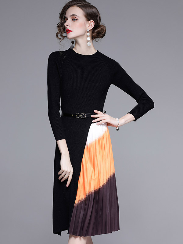 Black Knit Dress with Gradient Pattern Pleated Skirt