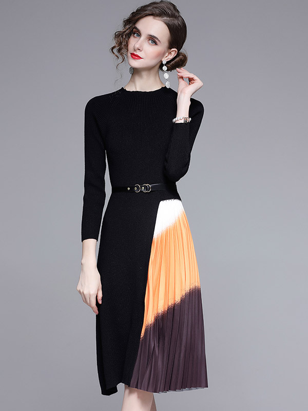 Black Knit Dress with Gradient Pattern Pleated Skirt