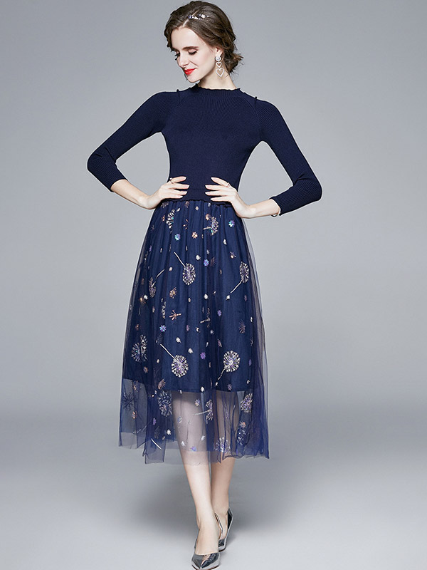 Navy Blue Knit Dress with Embroidered Sequined Mesh