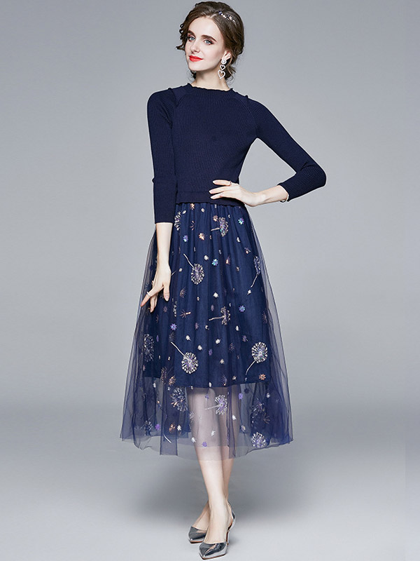 Navy Blue Knit Dress with Embroidered Sequined Mesh