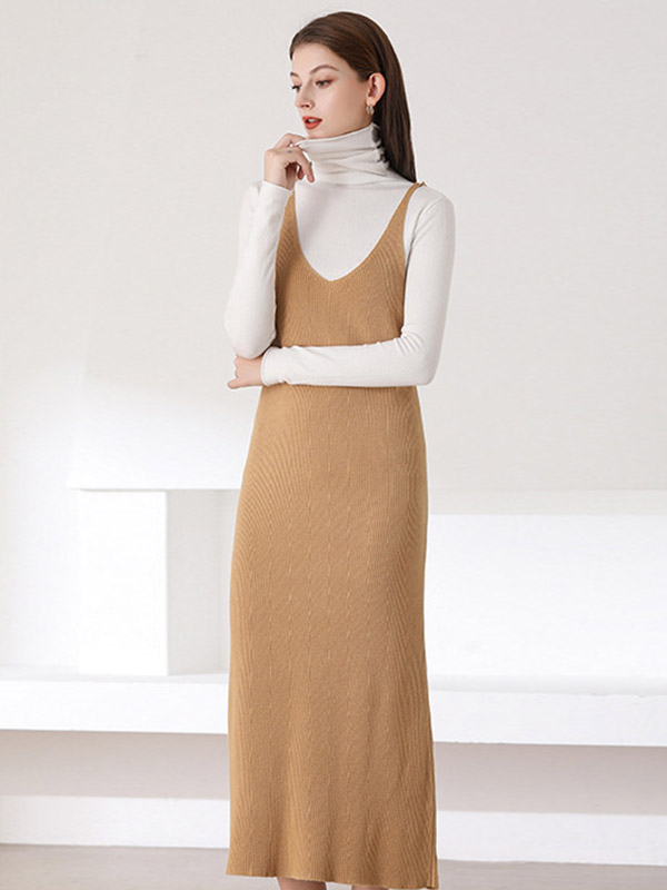 Khaki Slip Knit Dress with White Top