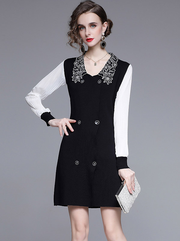 Black Flower Embroidery Collar Knit Mini Dress