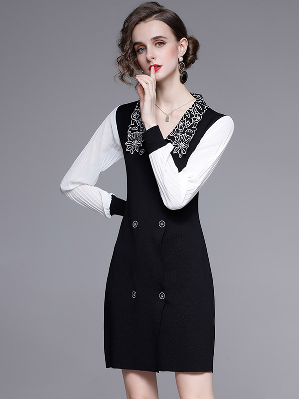 Black Flower Embroidery Collar Knit Mini Dress