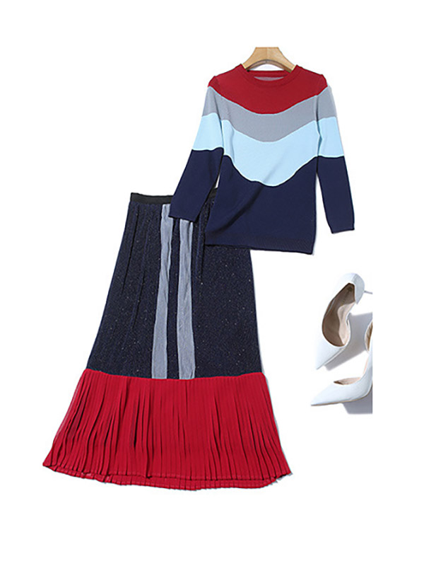 Multicolor Stripe Knit Top & Pleated Skirt Set