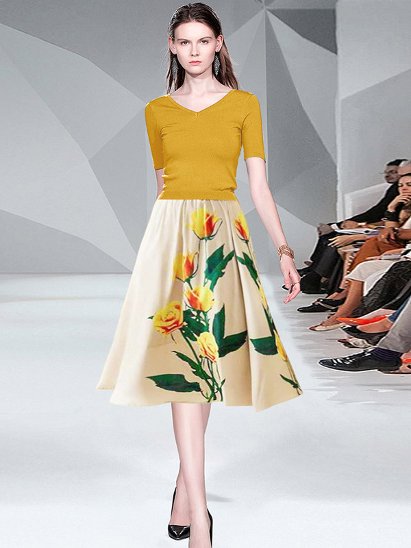 Yellow V-neck Knit Top with Floral Print Skirt