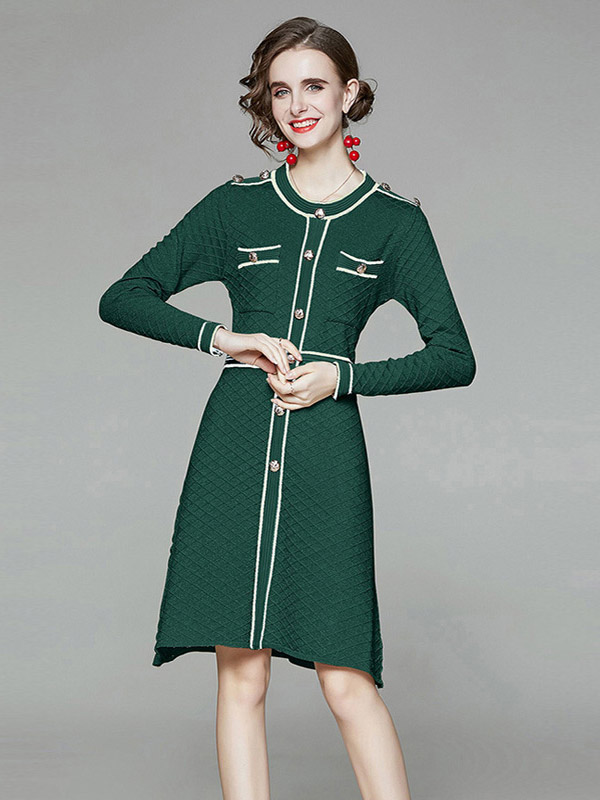 Green Round Neck Check Knit A-line Dress 