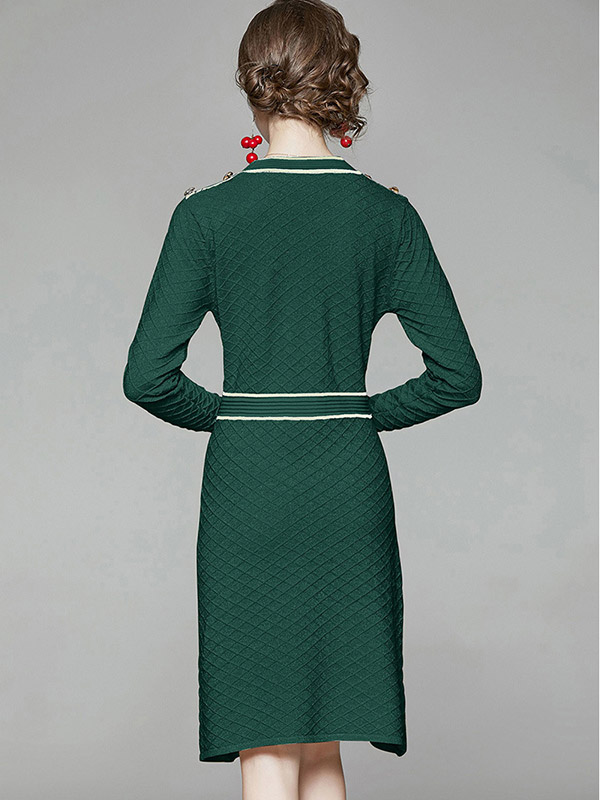 Green Round Neck Check Knit A-line Dress 