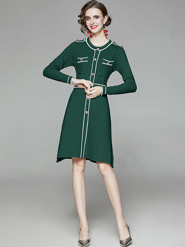 Green Round Neck Check Knit A-line Dress 