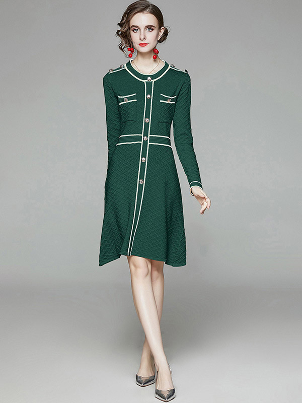 Green Round Neck Check Knit A-line Dress 