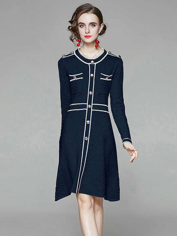 Navy Blue Round Neck Check Knit A-line Dress 