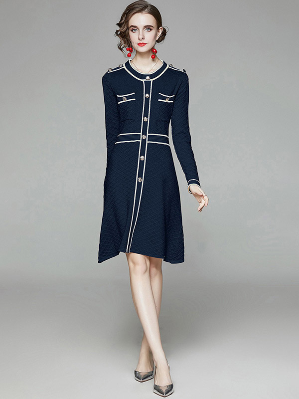 Navy Blue Round Neck Check Knit A-line Dress 