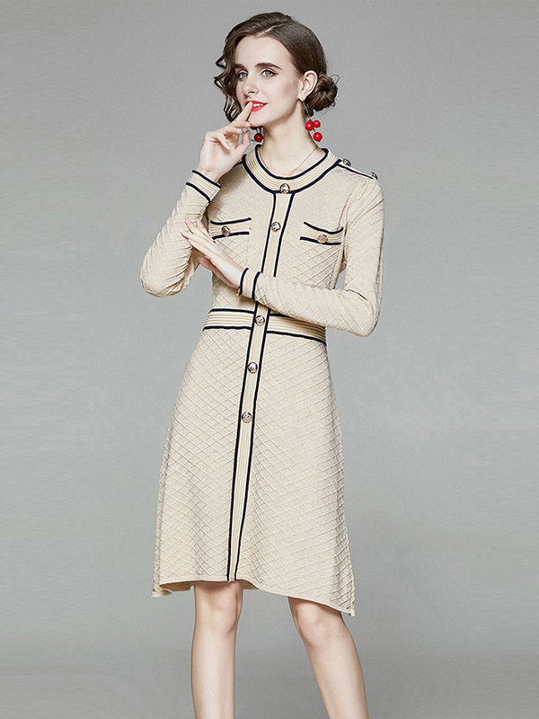 Apricot Round Neck Check Knit A-line Dress 